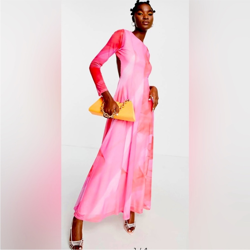 Topshop long sleeve maxi dress in pink and red watercolor mix Sz 14 -XL